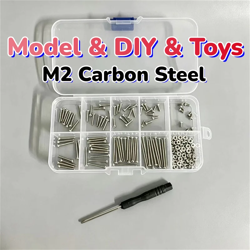M2 Carbon Steel Phillips Round Head Cross Little Bolts Nuts Long Screw Nuts Kit DIY Model Screws Set Metal Screws Length 4~25mm