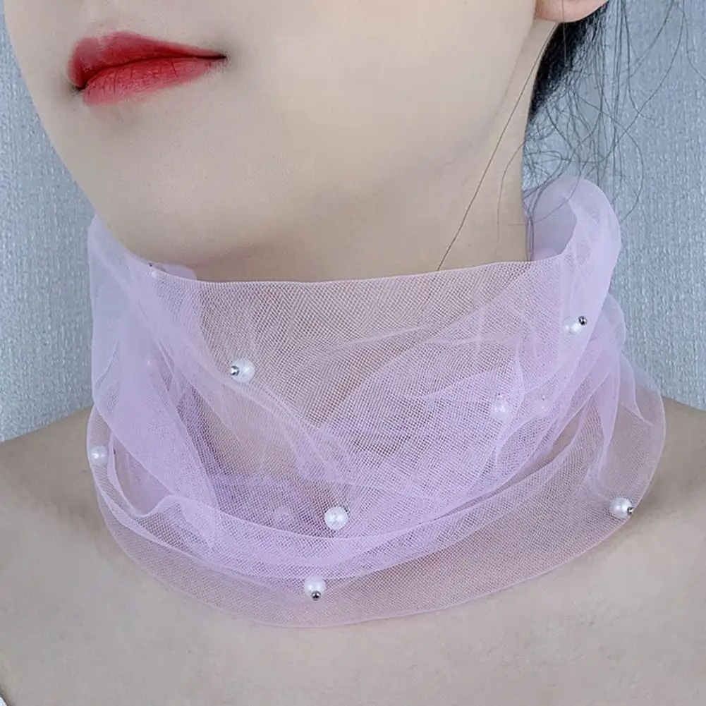 Neck Collar Elegant Organza Lace Scarf with Faux Pearls Decor Multi-functional Neck Wrap for Women Chiffon Ruffle Pendant