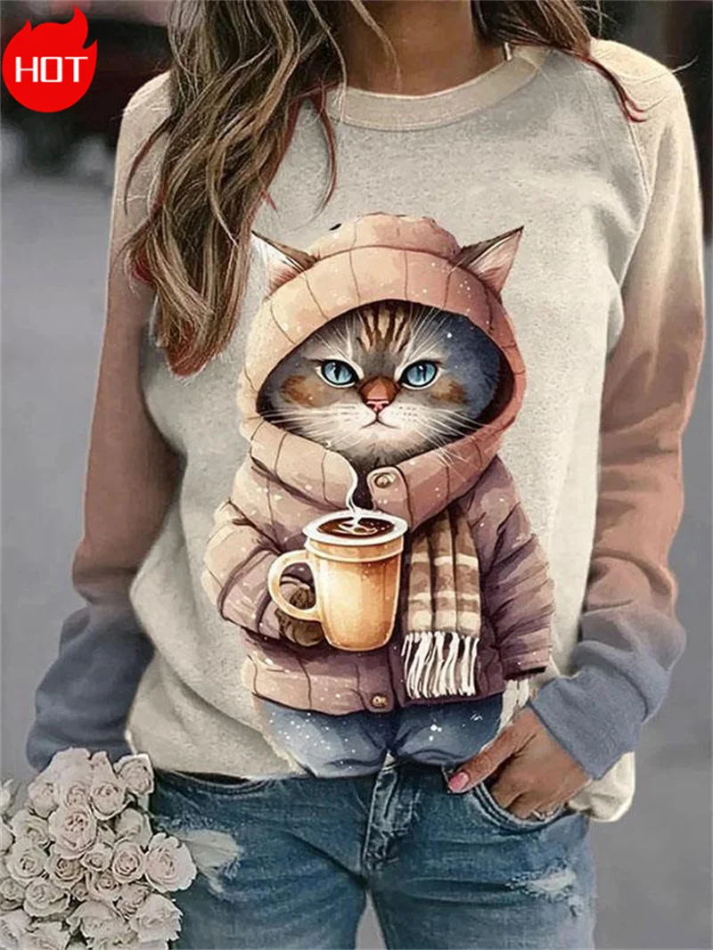 Harajuku 3D Cute Rabbit Printed Sweatshirts Funny Coffee Little Cats Graphic New In Sweaters Women Fashion Crewneck Sweatshirts