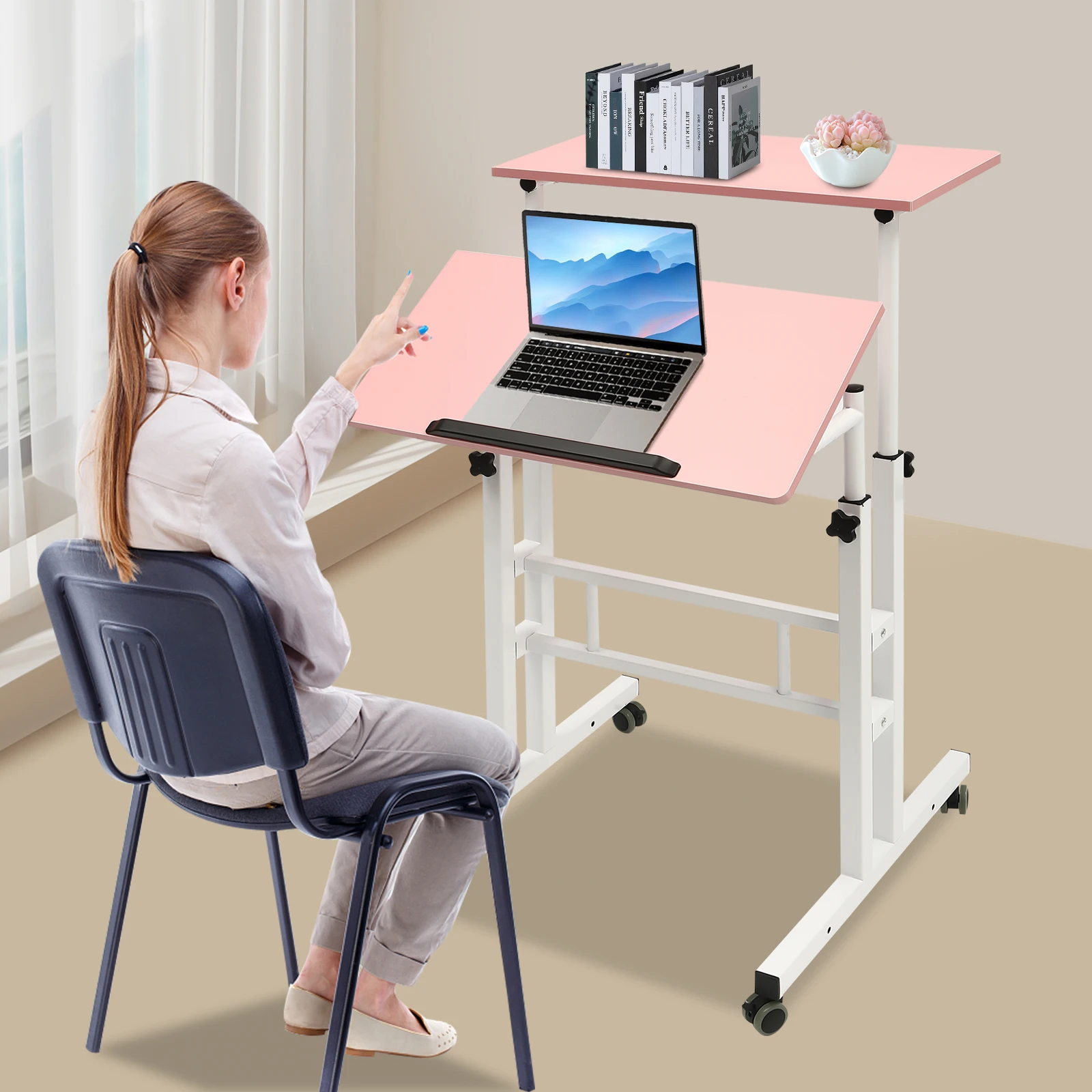 Mobile Stand up Desk, Small Adjustable Standing Desk with Wheels, Home Workstation, Portable Rolling Desk