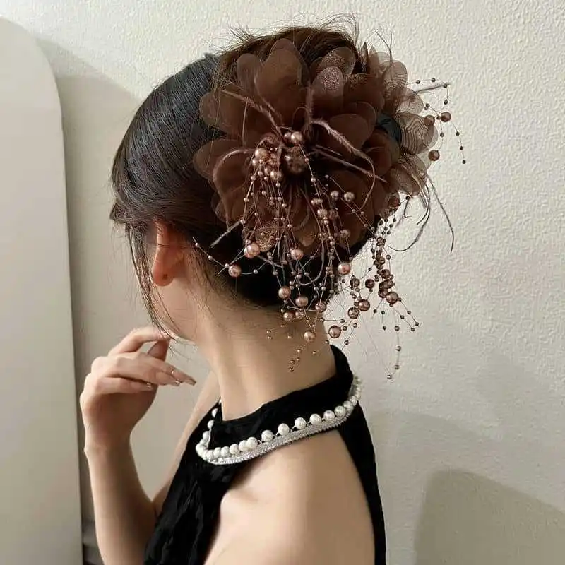 Peony Flower Beaded Tassel Clip Hair Claw Crab For The Back Of The Head Elegant Hair Clip For Women Fashion Headwear Accessories