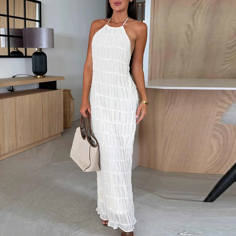 女性ハイウエスト背中の開いたビーチドレスセクシーなサスペンダーノースリーブロングスリングドレスファッションソリッドカラーフリルスリムパーティードレス