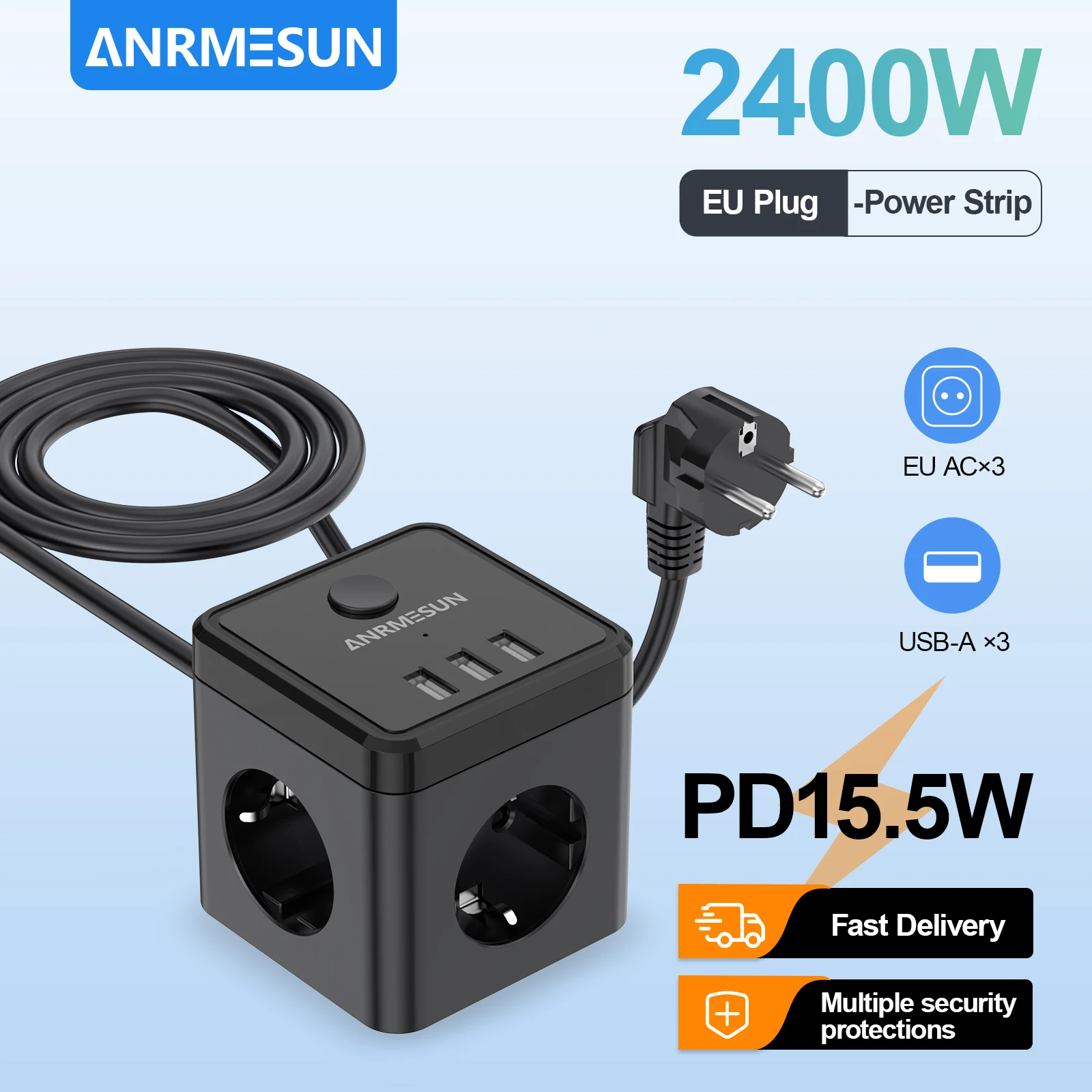 1 6-in-1 EU-Steckdosenleiste mit Schnellladung PD20 W Überspannungsschutz 2m Verlängerungskabel 3 AC-Steckdosen 2 USB-A und 1 Typ-C Tischsteckdose