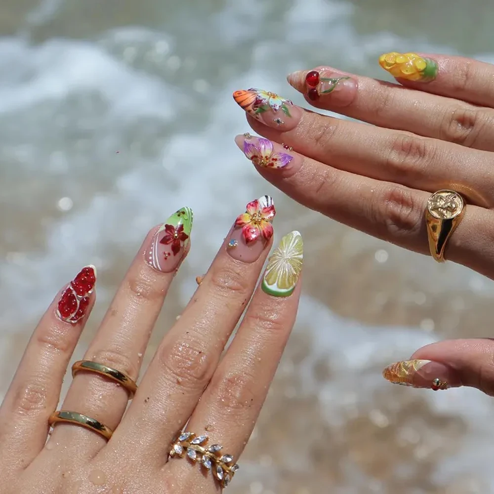 30pcs Colorful Tropical Flowers Gel False Nails 3D Cherry Pineapple Lemon Fruit Press On Nails Summer Beach Women Cute Fake Nail