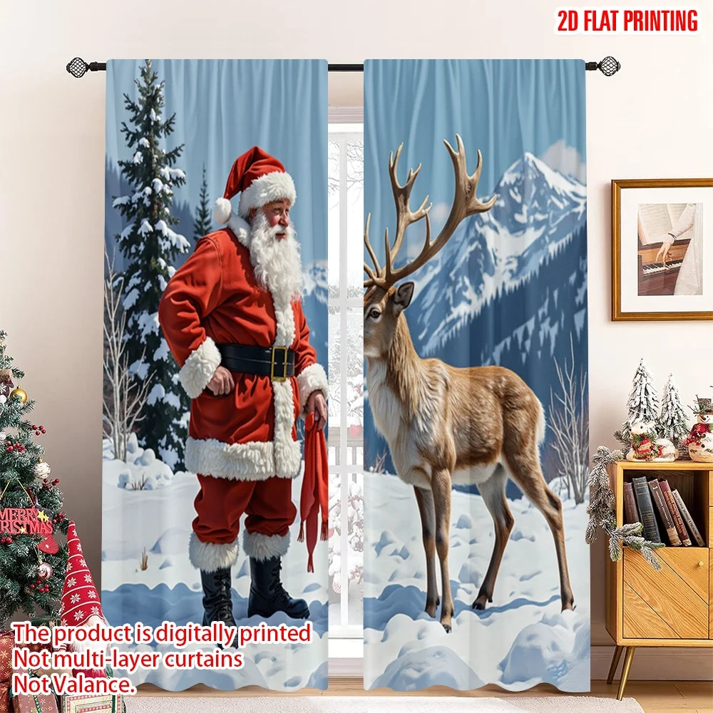 

2pcs 2D flat printing Merry Christmas Window Drapes Santa Reindeer Winter Snow_a 100% Polyester Without Electricity Holiday