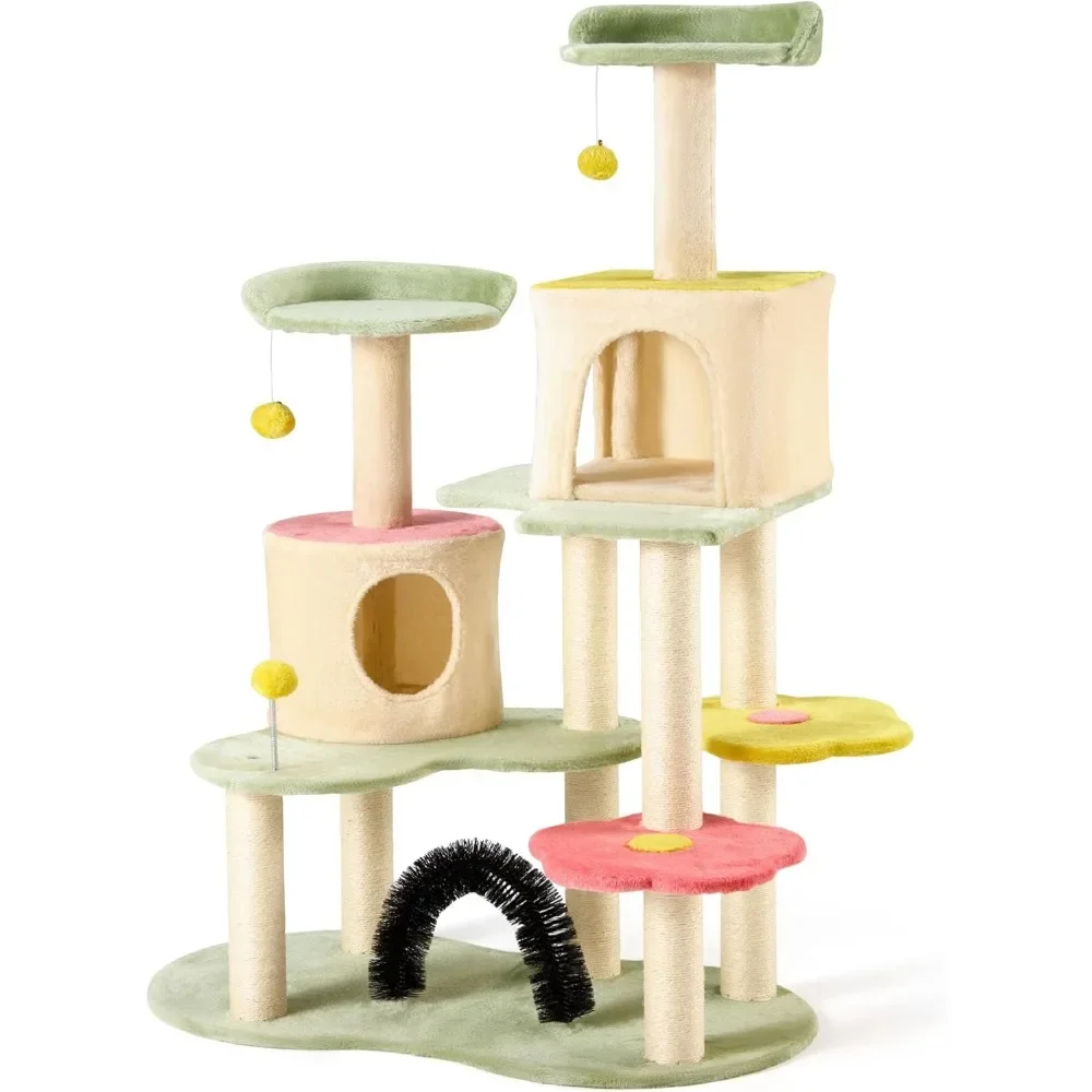 59 Inches Cute Cat Tree for Indoor Cats w/Sisal Covered Cat Scratching Posts Stand Cozy Condo Bell Ball Colorful Tree House