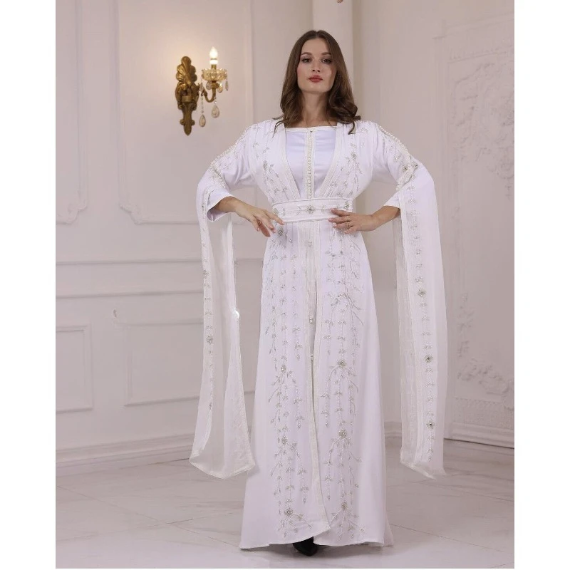 White Moroccan Kaftan Handcrafted African Attire Bridesmaid Wedding Dress