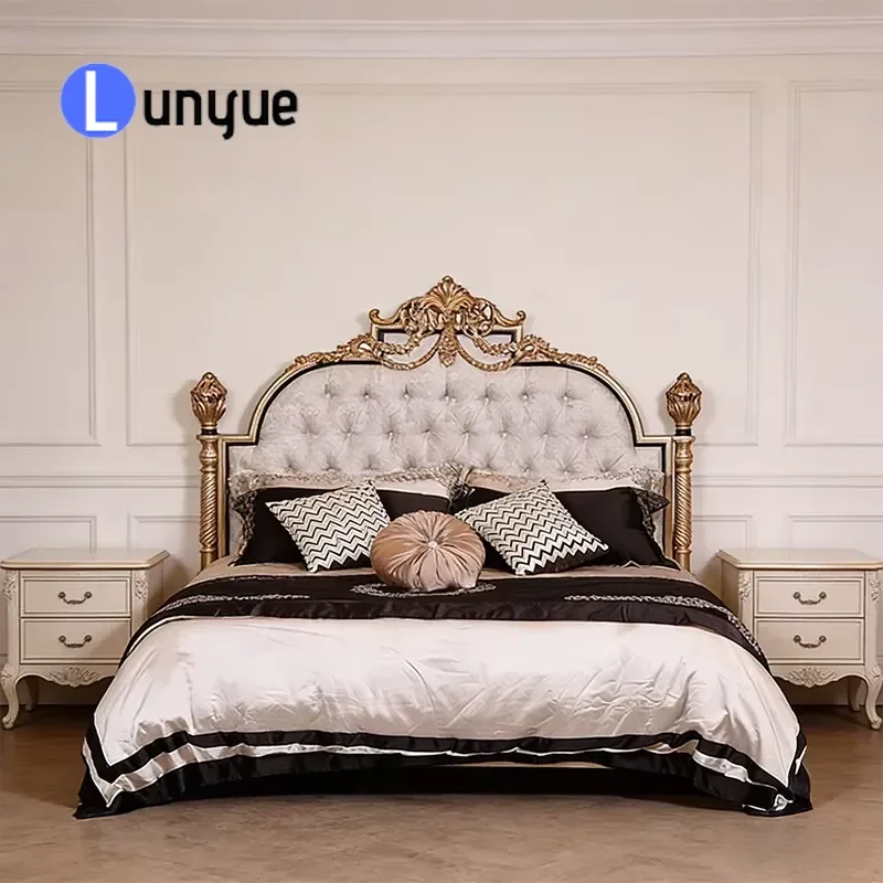 French Style Handmade Solid Wood Bed Large Deluxe Tufted Velvet Upholstered Royal Design Bedroom Furniture Set
