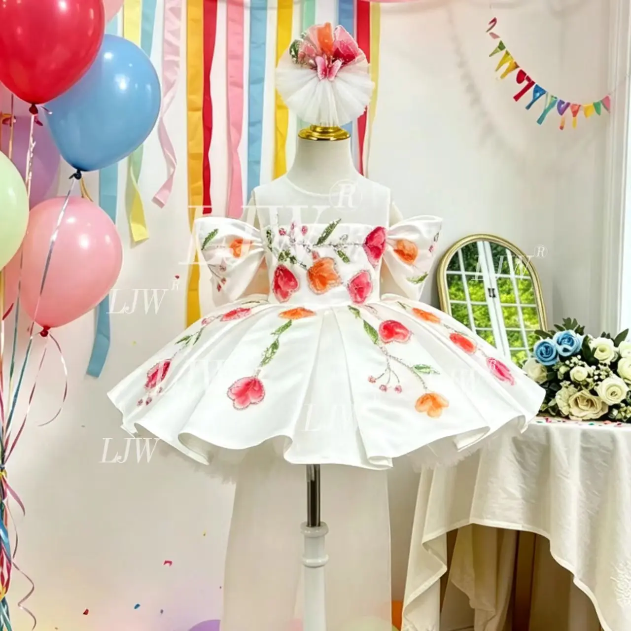 Dreams White Baby beauty pageant dress Tulip Embroidery  Baby Girl Wedding Party Gown Toddler Birthday Party First Communion Pag