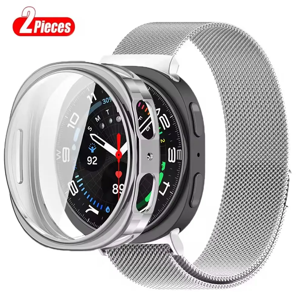 Metallband + TPU-Gehäuse für Samsung Galaxy Watch 8 44 mm 40 mm, Edelstahl-Mlanese-Armband Correa für Galaxy Watch 8 Classic 46 mm