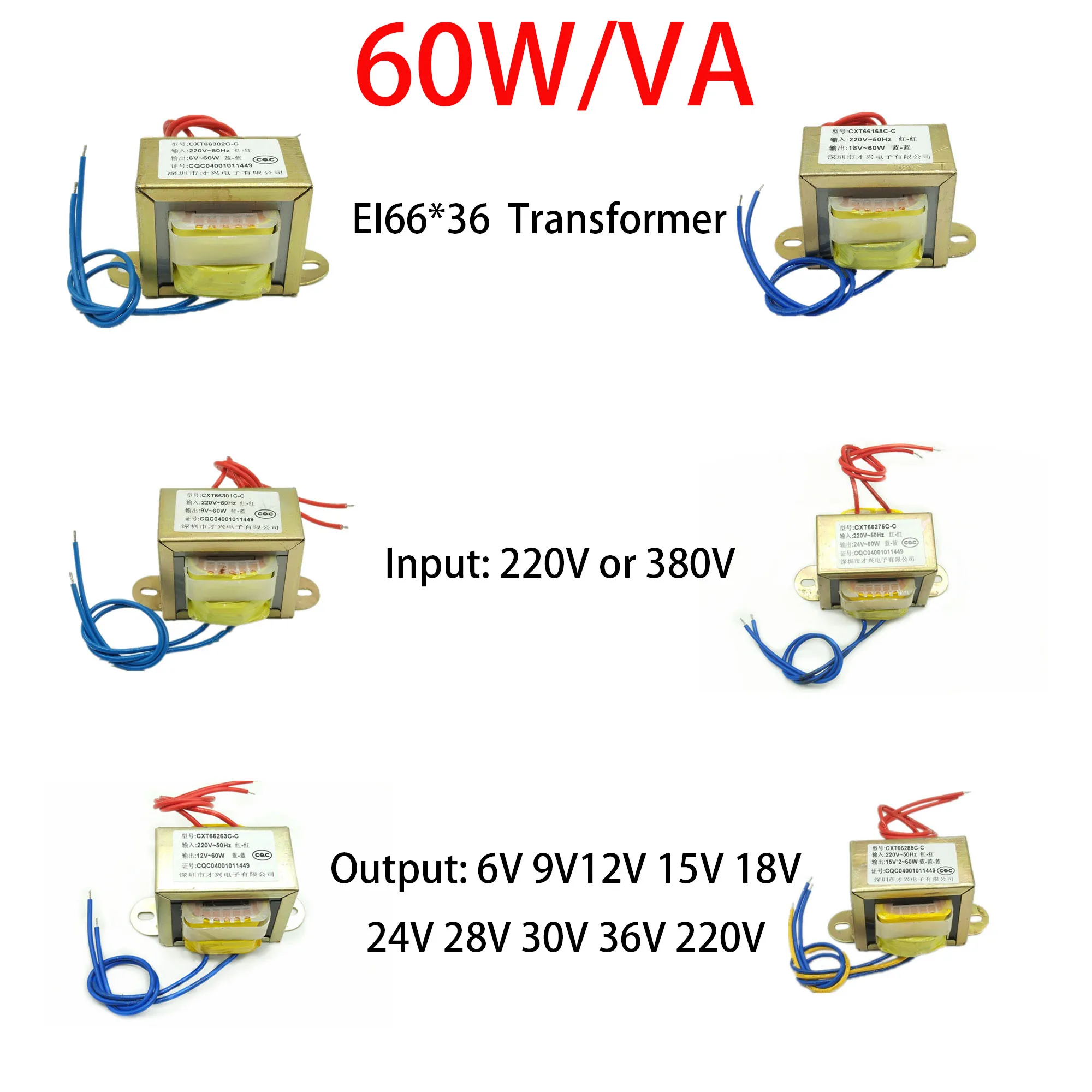 

60W Power Transformer Input AC 220V/380V EI66 Copper Core 50~60Hz Output AC 6V 9V 12V 15V 18V 24V~220V Single/Dual Line Copper