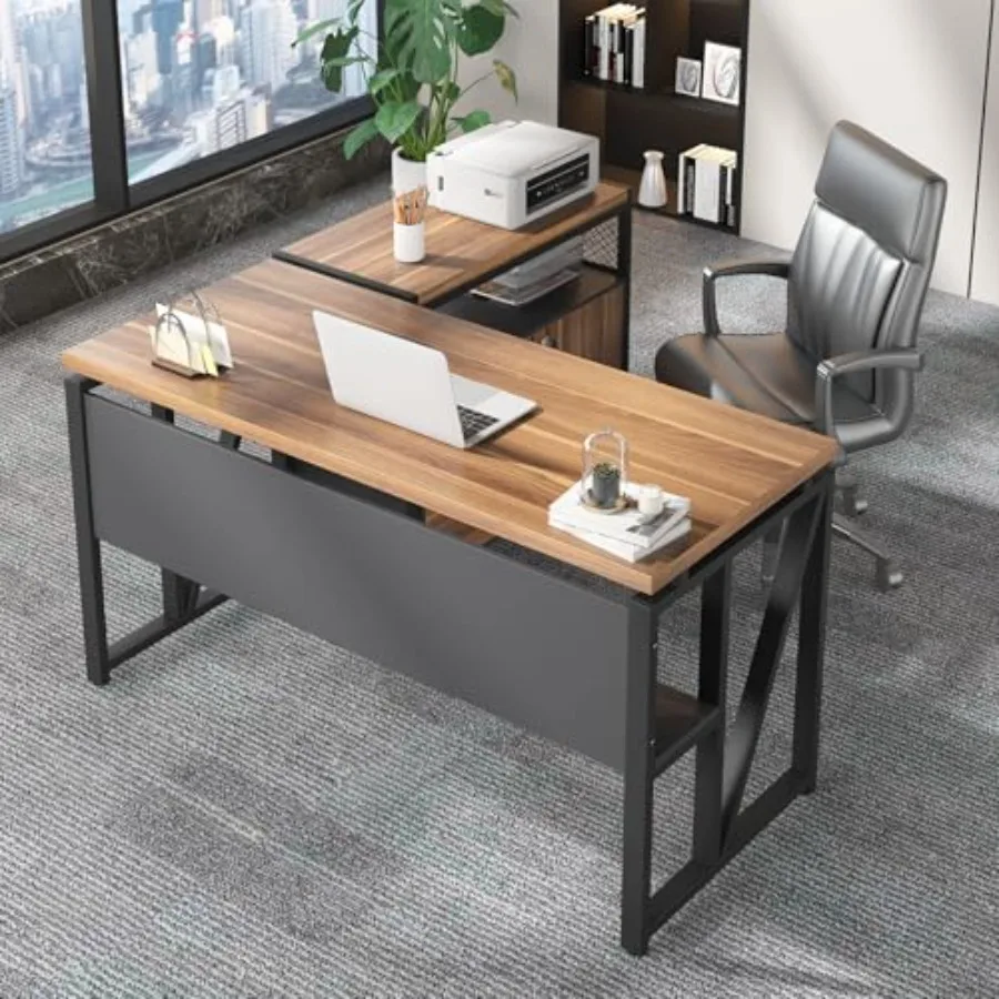 55 Executive Desk with Reversible File Cabinet, Large L-Shaped Office Desk with Drawers, Business Furniture Workstation for Hom