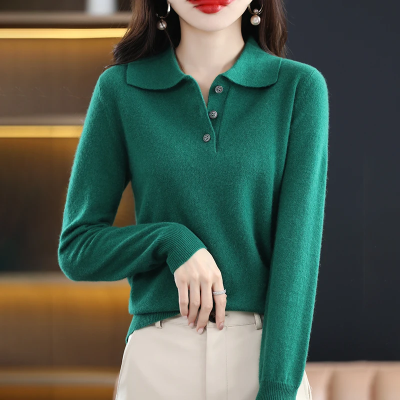 

Autumn And Winter New Women's POLO Collar Wild Knitted Wool 100% Pullover Sweater Light And Warm Retro Elegant Lapel Loose Top