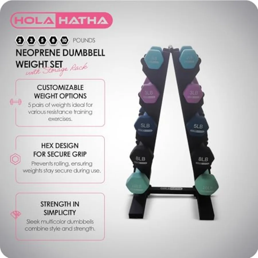 مجموعة أوزان الدمبل من النيوبرين من HolaHatha مع رف للتدريب على اللياقة البدنية في صالة الألعاب الرياضية المنزلية بوزن 56 رطلًا إجمالي الوزن في البلوز المحمول القابل للتعديل