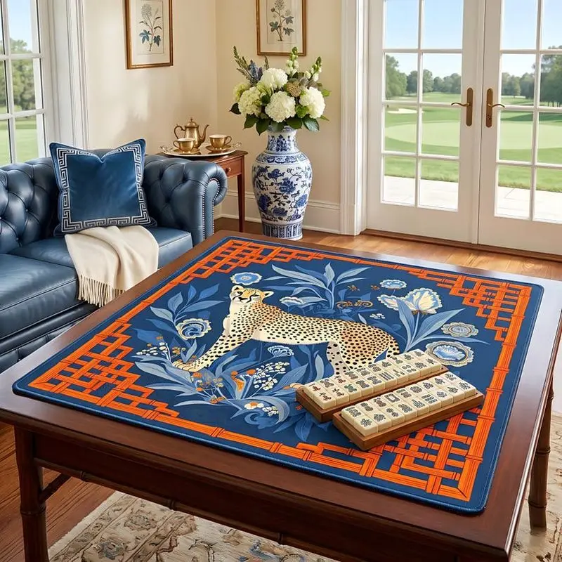 VIKAMA Blue Leopard Porcelain Mahjong Mat Chinese Geometric Frame Luxury Vintage Household American Mahjong Table Cover