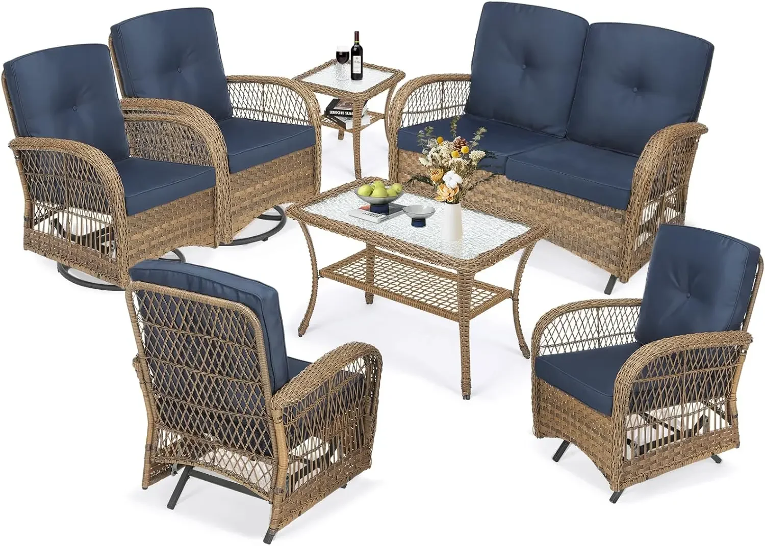 7 Pieces Outdoor Patio Rattan Furniture Sets, All Weather Patio Wicker Conversation Set- 2 Rocking Glider