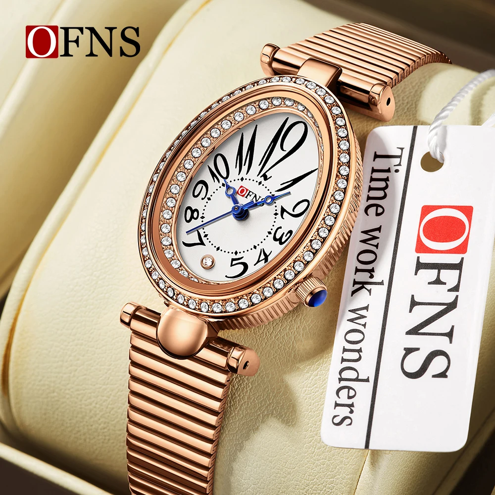 OFNS جديد 1540 عصرية عادية ريترو ستايل الماس مطعمة البيضاوي ساعة كوارتز مقاوم للماء ريترو الصلب حزام ساعة 2025