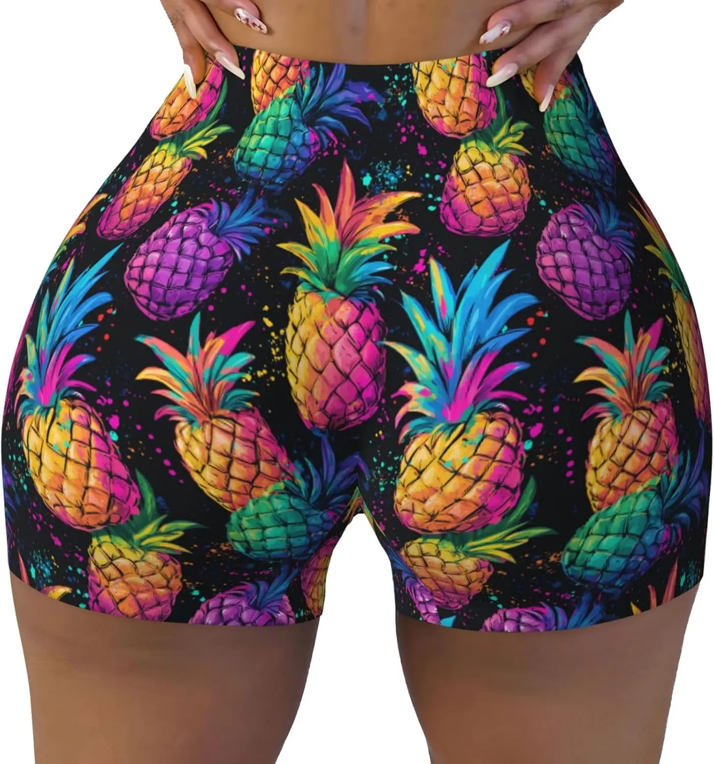 Novastar Seamless Workout Shorts Women - Colorful Pineapple Print Biker Yoga Running Gym Spandex Shorts for Women
