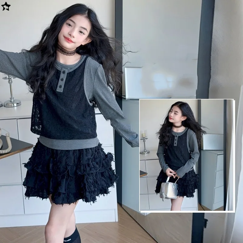 

Children Girls Suit Autumn Round Neck Fake Two-piece T-shirt+Solid Skirt Kids Girls Outfit Long Sleeves School Girls 2pcs Sets