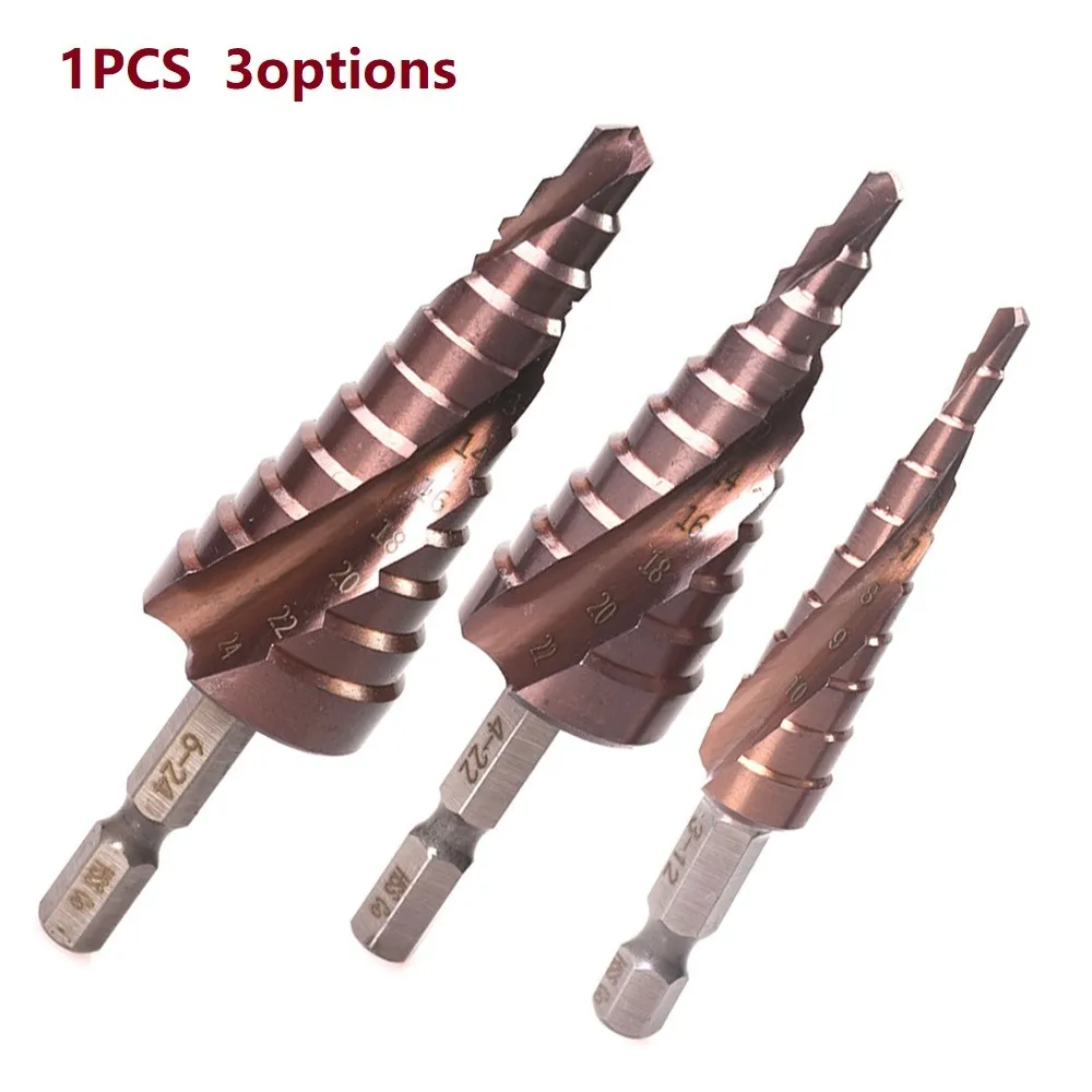 1pc Spiral Step Drill Bit Hole Opener Hex Handle HSS-CO M35 5% Cobalt 3-12 4-22 6-24mm Core Cone For Steel Wood PVC Sheet Tool