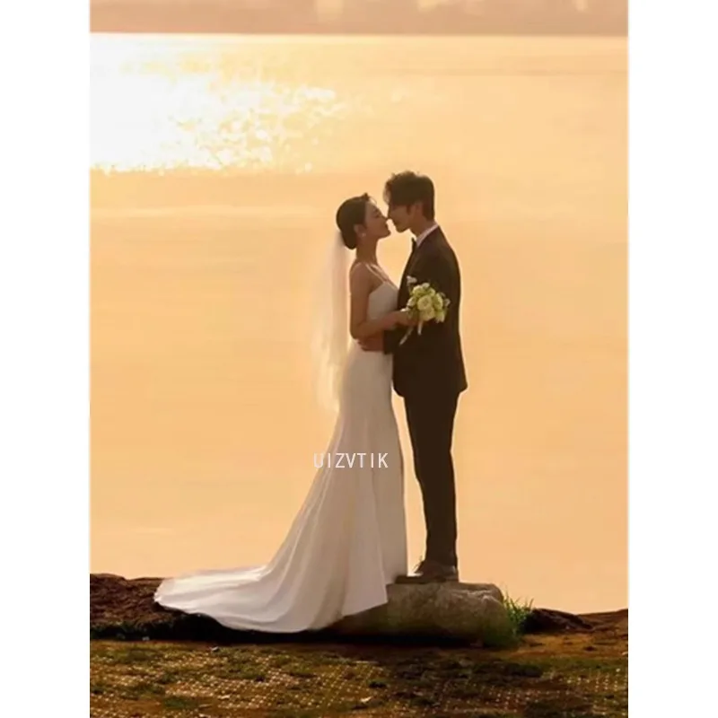 Simples coreano cetim vestido de casamento feminino branco querida cintas de espaguete sessão de fotos vestidos de baile sereia corda vestidos de noiva