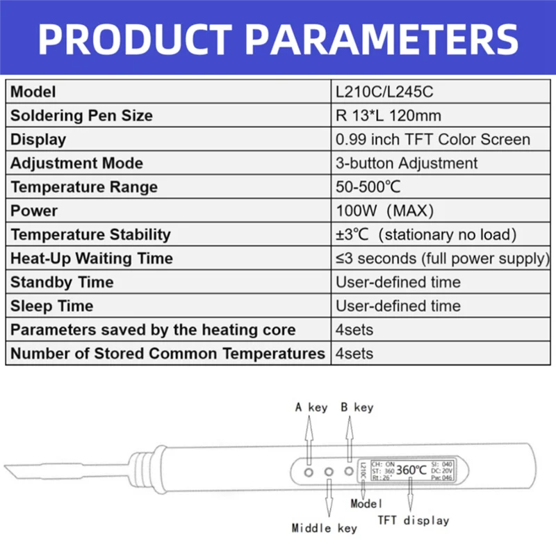 

A53Q-L245C Портативный электрический паяльник PD 100 Вт 50-500 ° C Регулируемый температурный цветной экран Инструмент для самостоятельного ремонта