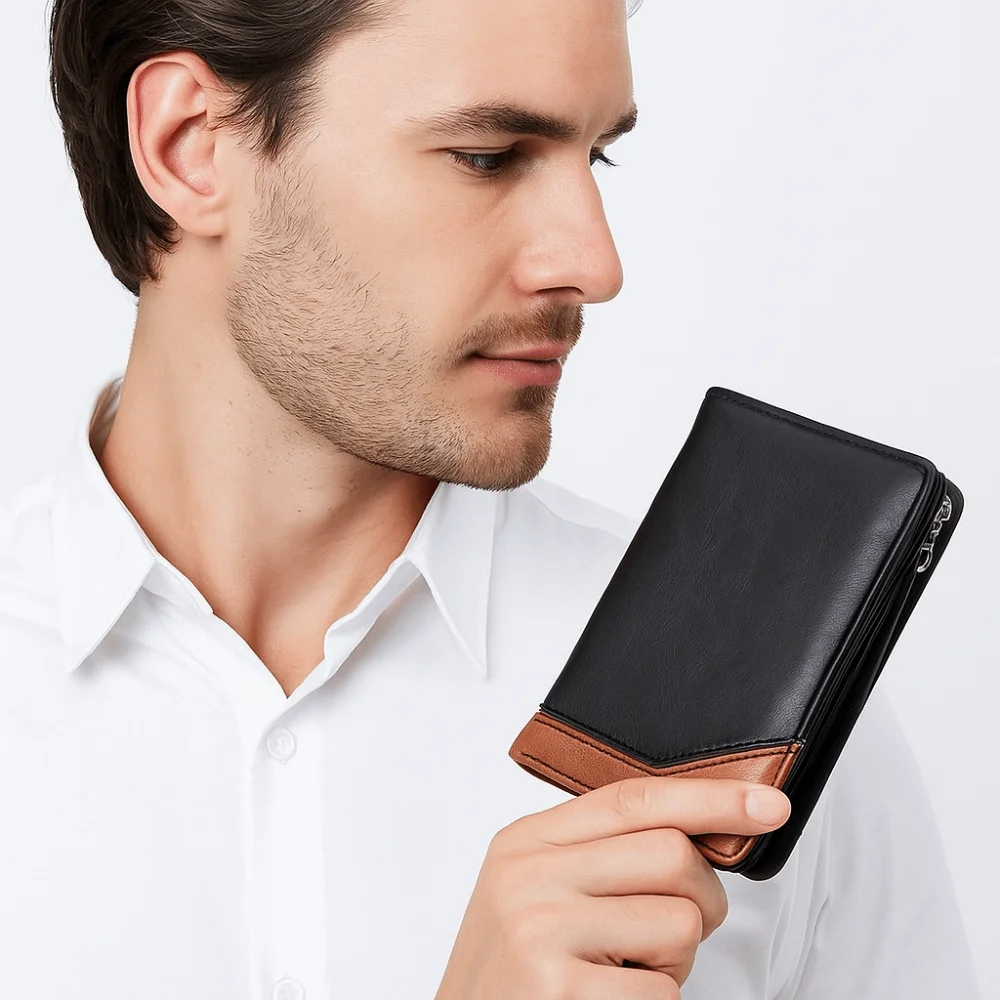 Carteira curta masculina de couro pu com zíper, bolsa de mão com bloqueio de cor, grande capacidade, porta-moedas, porta-cartões, compras