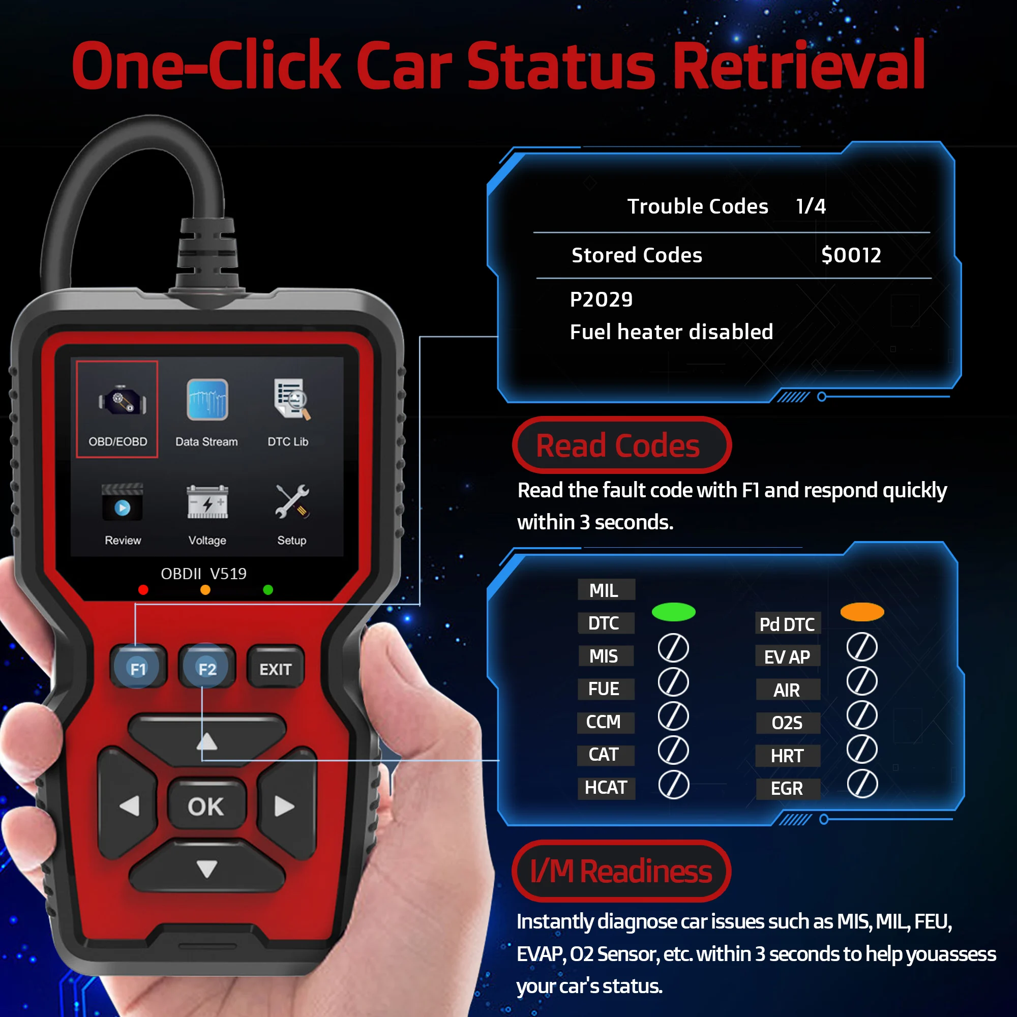 OBD2 Scanner Diagnostic Tool, Check Engine Code Reader OBD2 Scanner with Reset， Mode 6, Mode 8 & I/M Readiness