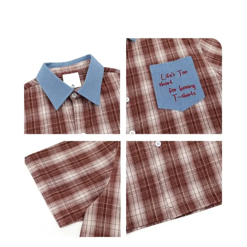 W2EJOURNEY Pakaian Luar Ruangan Kualitas Terbaik Kemeja Lengan Pendek Musim Panas Saku Kotak-kotak Ukuran AS UE Kemeja Retro Longgar Antik Uniseks