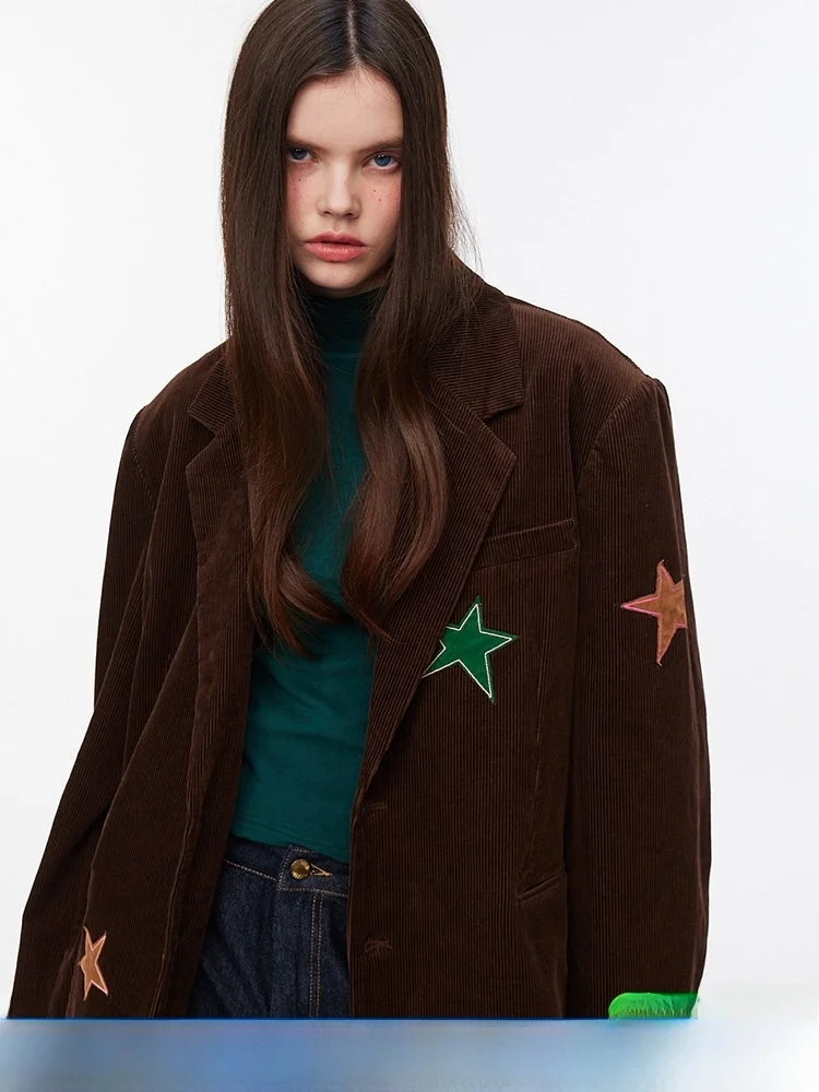 

DNT Retro Casual Loose Single Button Corduroy Embroidered Star Suit Jaet New Winter Women's Faion Cotton Long Sve Coat