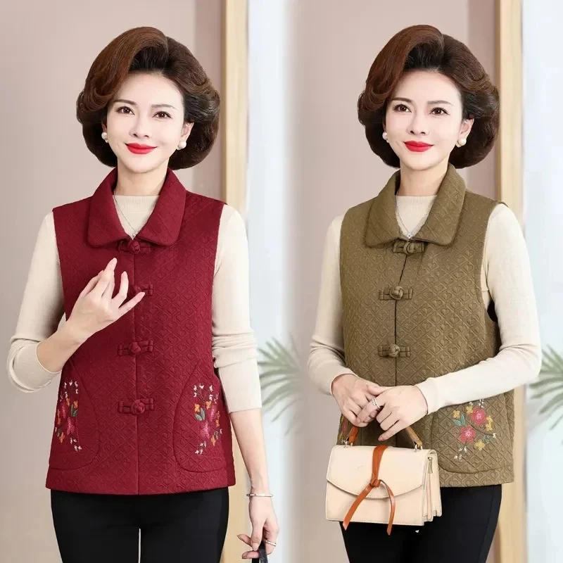 

Embroidered Vest Coat Women 2024 Spring Autumn New Middle-Aged Old Mothers Sleeveless Jacket Disc Button Female Waistcoat Top