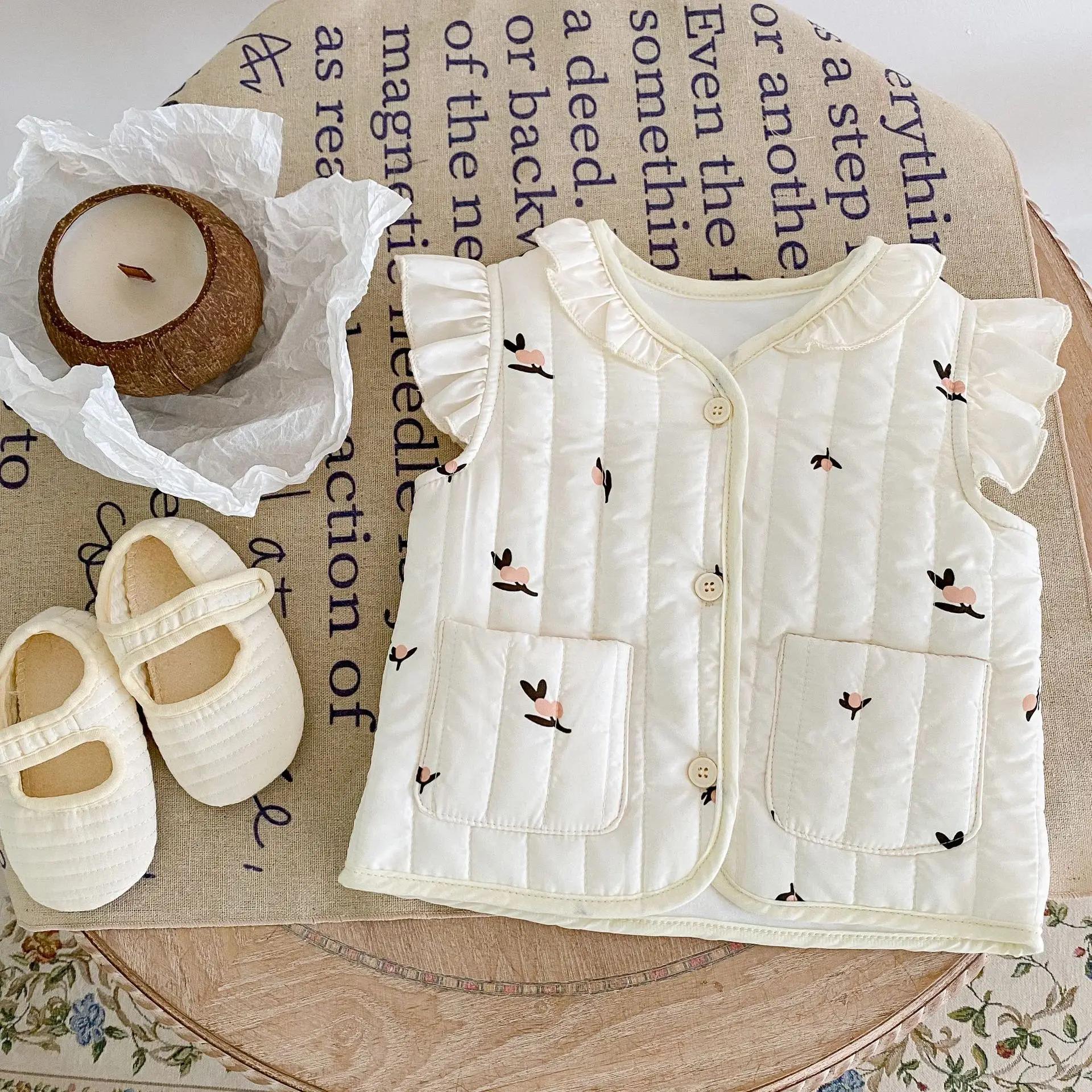 Infant Baby Warm Cotton Coat Floral Print Sleeveless Vest Quilted Soft Jackets Baby Girls Spring Autumn Versatile Cute Cardigan