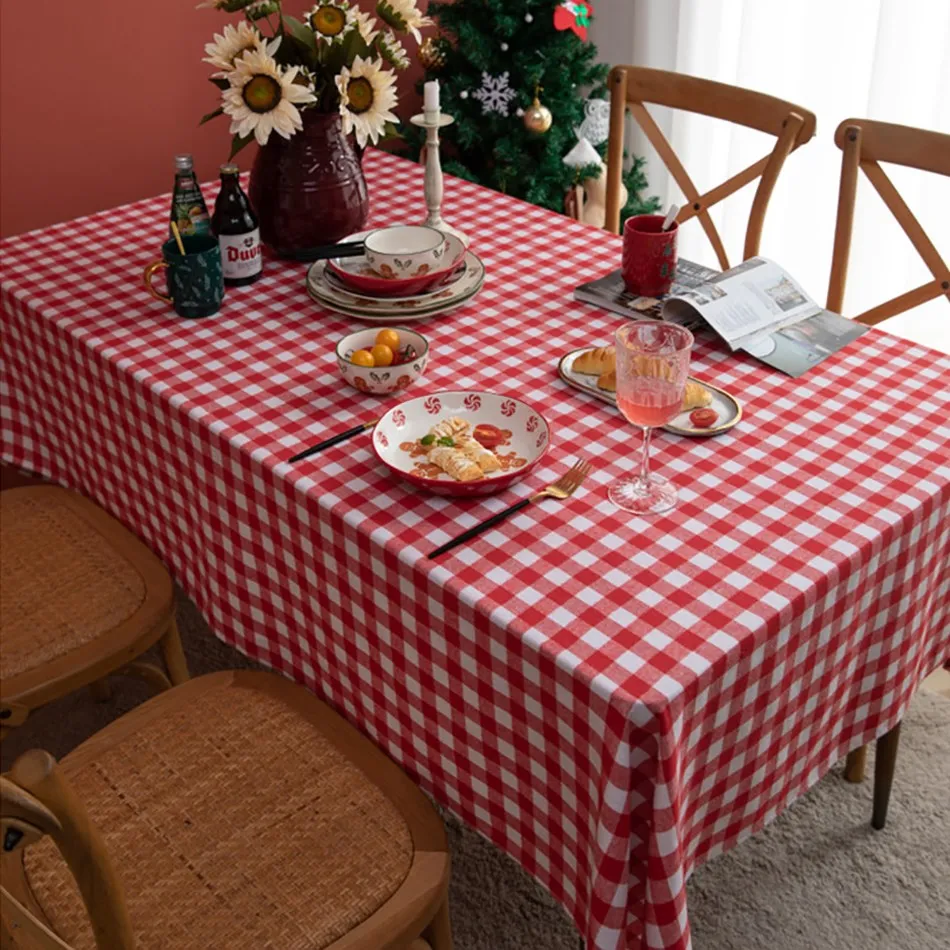 Happy New Year Tablecloth Christmas Decorative Red Plaid Modern Table Cloth Cotton Linen Home Living Room Bedroom Table Cover