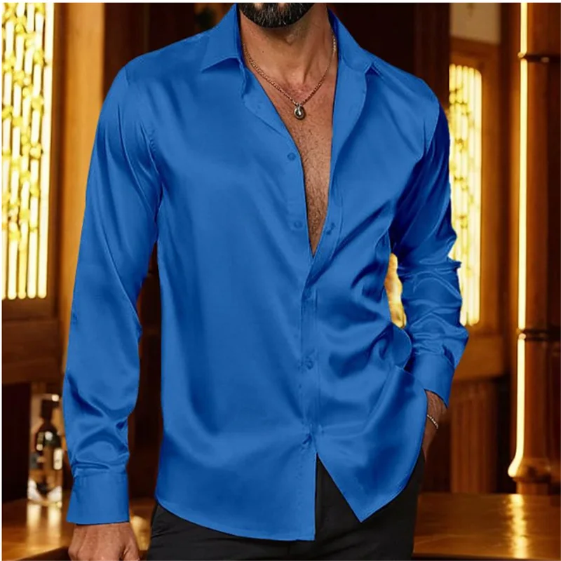 Tiki Autumn Men's Shirt High Quality Smooth Slim Button Down Lapel Solid Color Long Sleeve Shirt Flash Sale