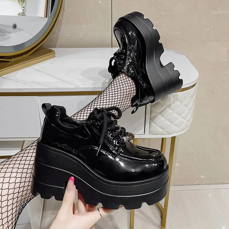 8.5cm Spring Women's Shoes New Heavy Metal Thick Bottom High Top Punk Leather Shoes Gothic Dark Motorcycle Boots Trend Sneakers