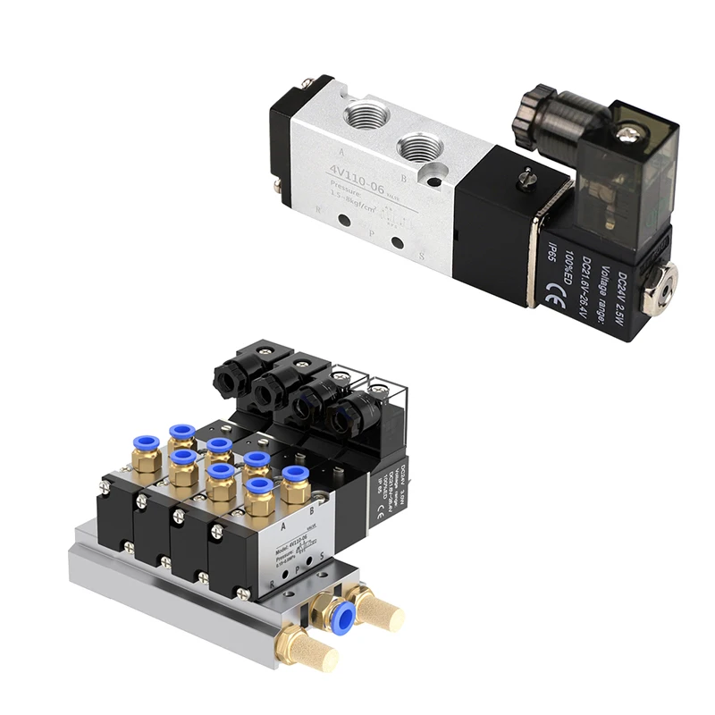 4V110-06 AC 110/220V DC 12/24V 2/3/4 Way Multi Option Pneumatic Solenoid Valve Block With Muffler Fitting Base Manifold ﻿