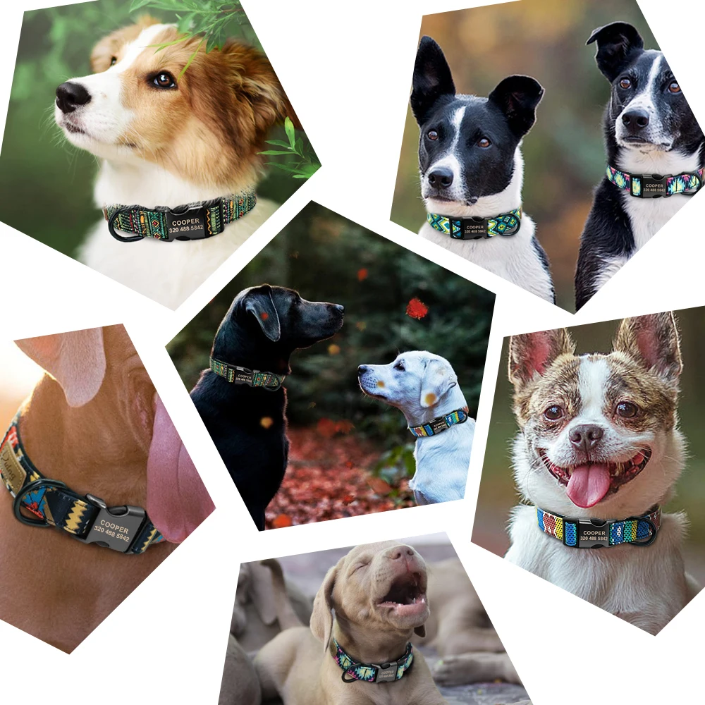 Personalized Dog Collar Nylon Dog Buckle Collars Printed Plaid Pet ID Collars Metal Buckles For Small Medium Large Dogs S M L