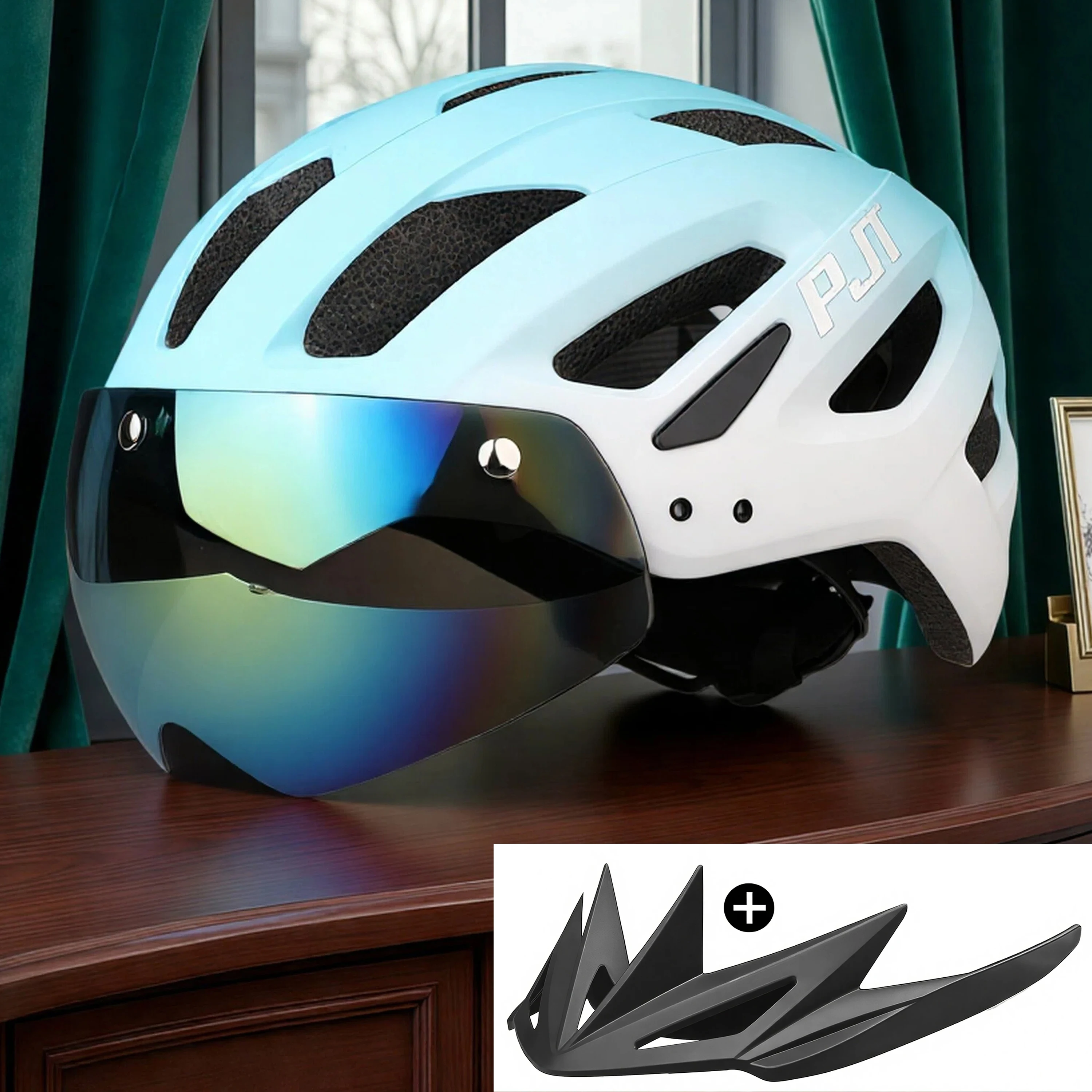 PJT Neuer Fahrradhelm mit Licht für Straße und MTB, Mountainbike-Brille / Sonnenschutz-Helm L für Männer und Frauen, Fahrradhelm mit Sonnenschutz