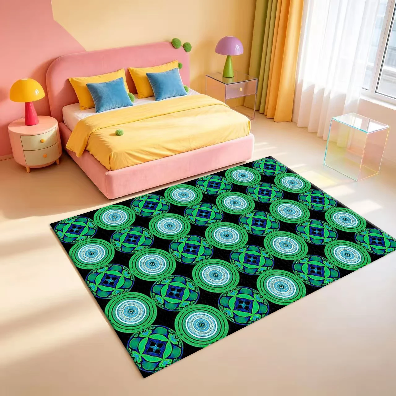 Green Blue Circular Mandala Geometric Pattern Carpet Flooring Bohemian Ethnic Art Area Rug For Indoor Home Floor Cover