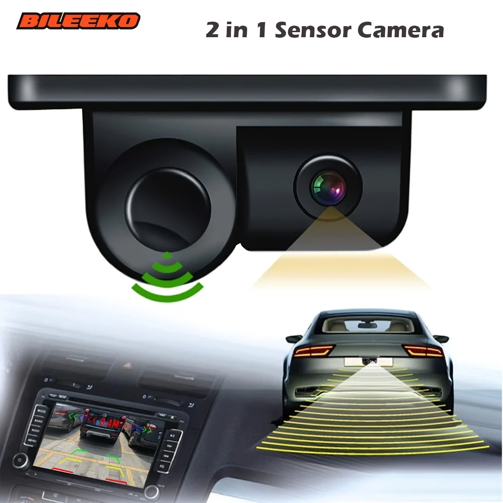

2-in-1 HD Reversing Camera & Parking Sensor Radar for Cars - Black Wide Angle Rear View Backup Video System with Sound Alarm
