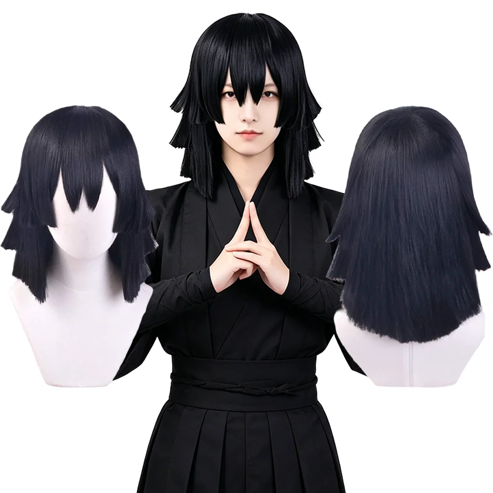 Serpent Hashira Iguro Obanai Cosplay Wig Unisex Anime Black Layered Jagged Ends Full Wig For Halloween Comic Con Party