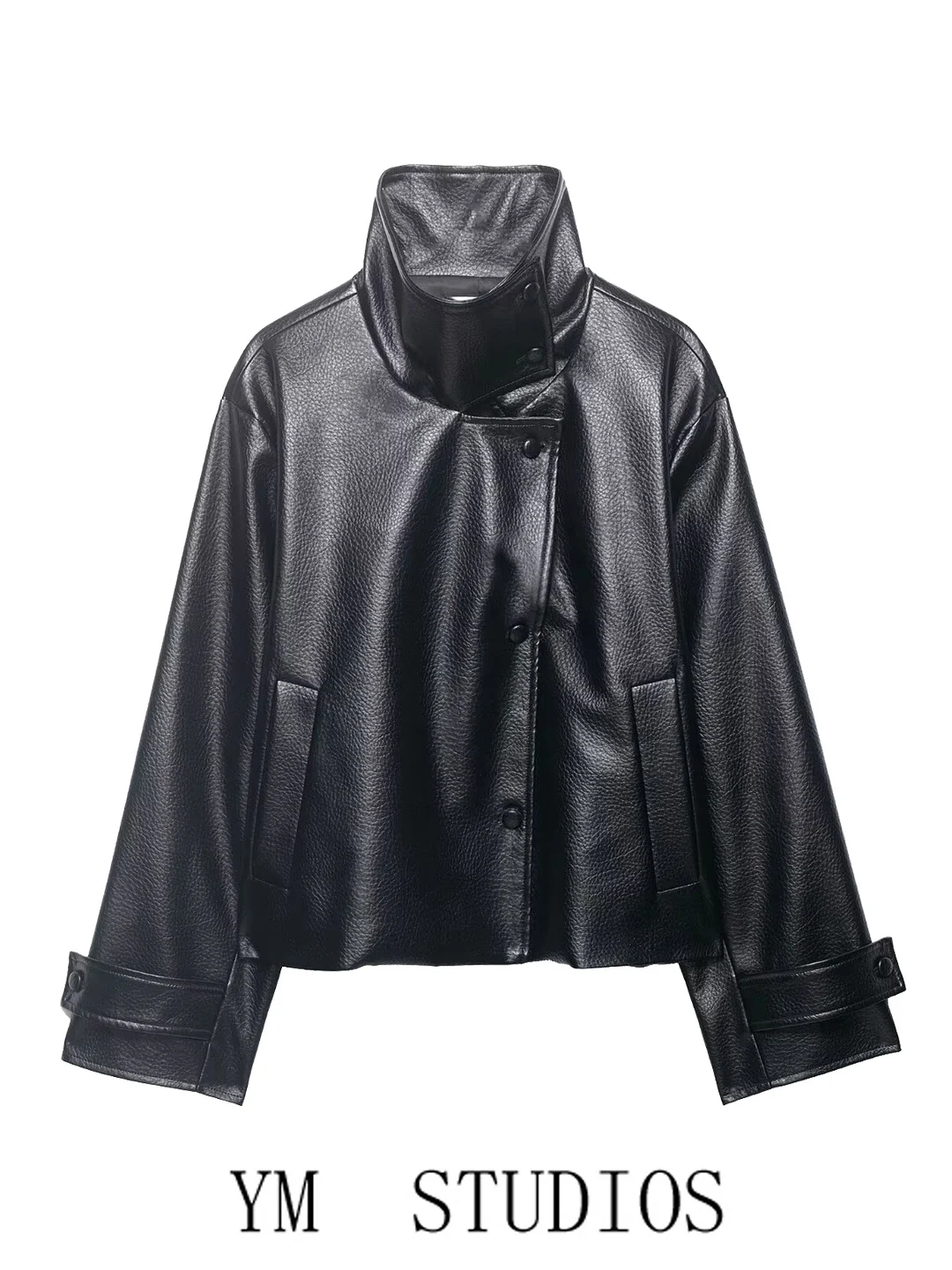 Black Short Biker Style Women's PU Leather Jacket Stand Collar Fashionable Versatile Elegant Outerwear Ladies' Coat