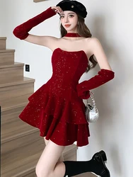 Fashion Sequins Luxury New Year Red Dress Women Autumn Winter Velvet Chic Tierred Sexy Mini Dress 2024 Korean Vintage Prom Dress