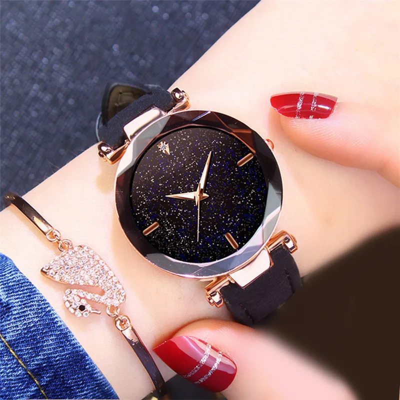 

Luxury Starry Sky Crystal Dial Women Watch Fashion Analog Quartz Watch PU Leather Band Elegant Dress Ladies Watch reloj mujer