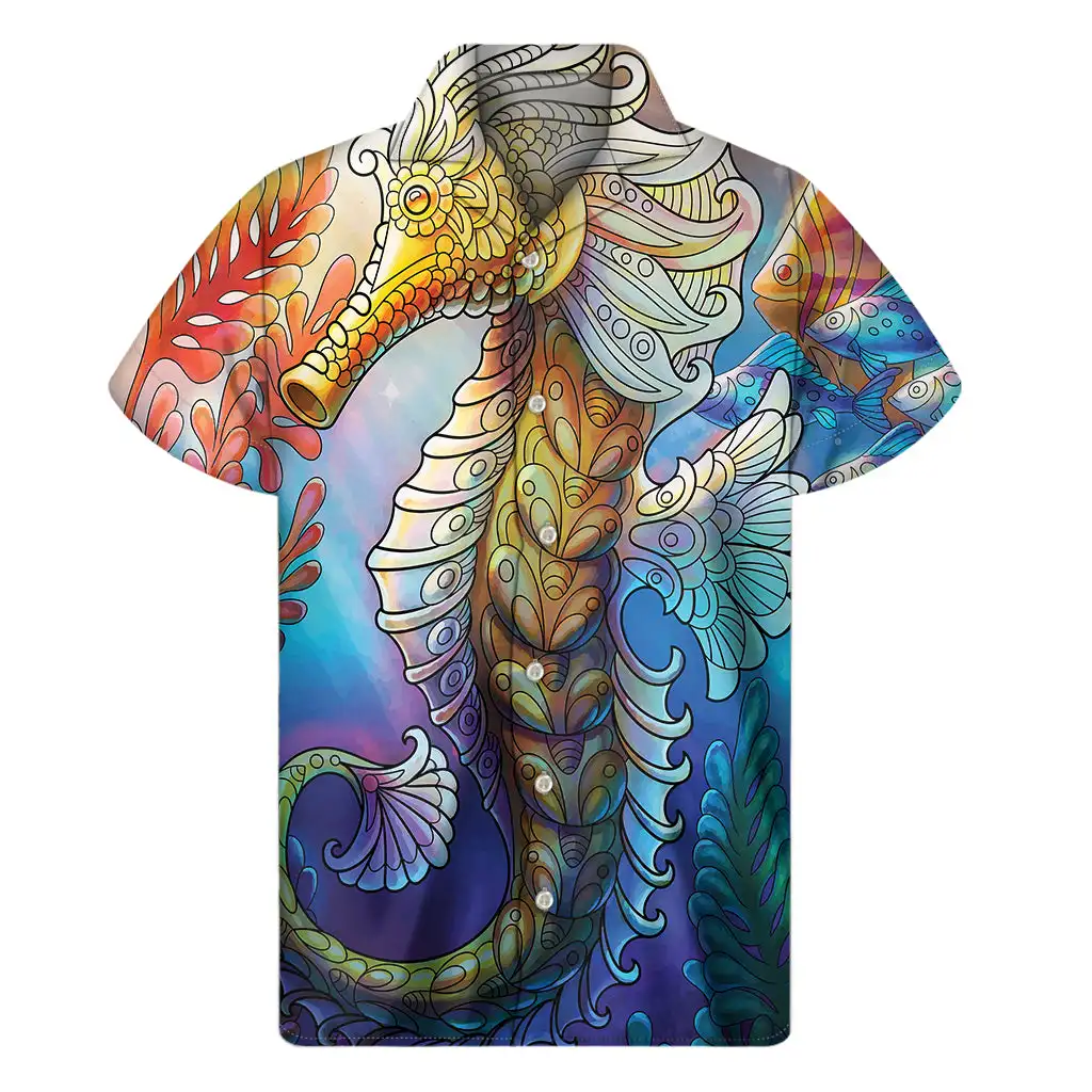 

2024 Summer New Underwater World Seahorse Men's Shirt 3D Printed Seahorse Dolphin Whale Pattern Casual Shirt Lapel Button Shirt