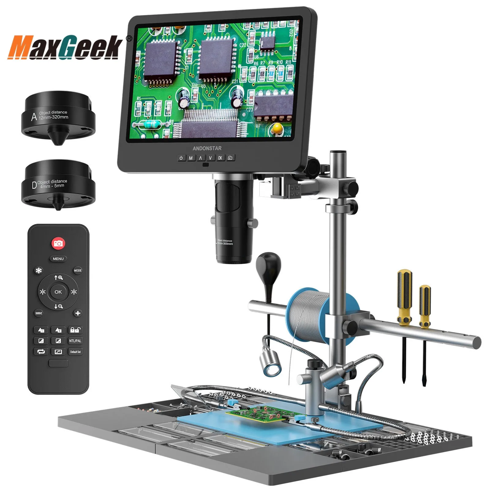 Maxgeek Andonstar Microscópio Digital Trinocular Compatível com Hdmi 10-polegada Tela Base de Extensão para Reparo Pcb Ad249s-m-plus