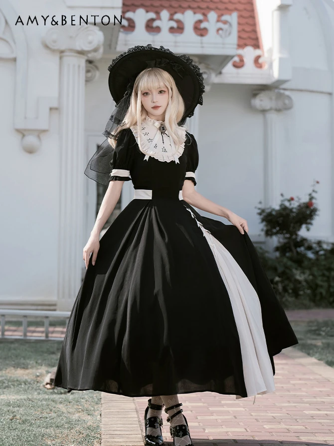 

British Retro Court Queen Square Collar Puff Sleeve Lolita Dress for Women Summer Harajuku Street Patchwork Mid-Length Dresses