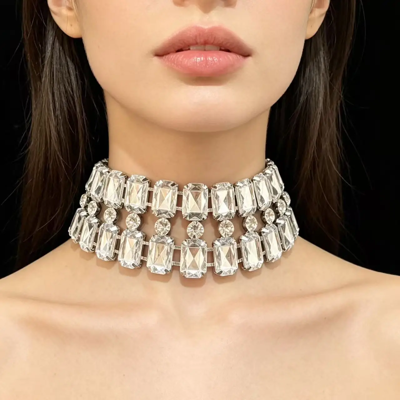 Elegant and Exaggerated, with Multiple Rows of Square Necklaces Full of Diamonds. European and American Heavy Industry Rhineston
