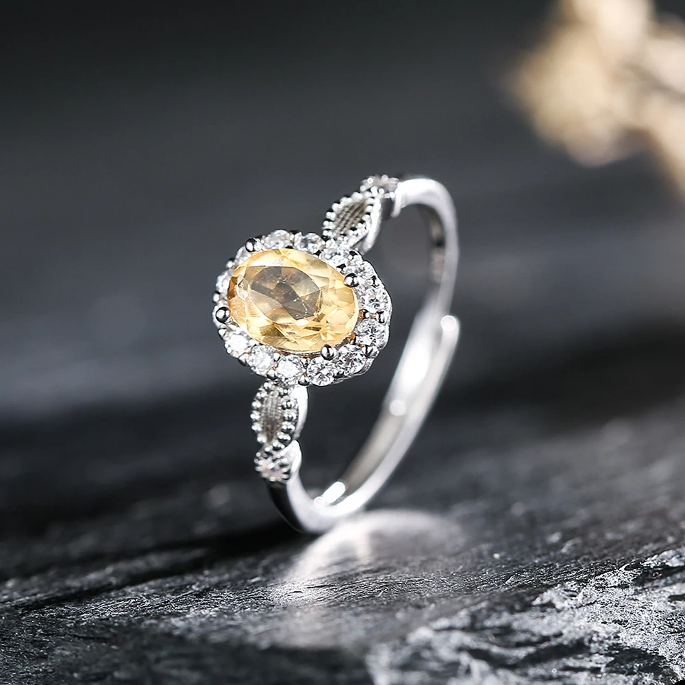 S925 sterling silver ring paired with natural mineral yellow crystal women\'s ring, adjustable size wedding jewelry accessory