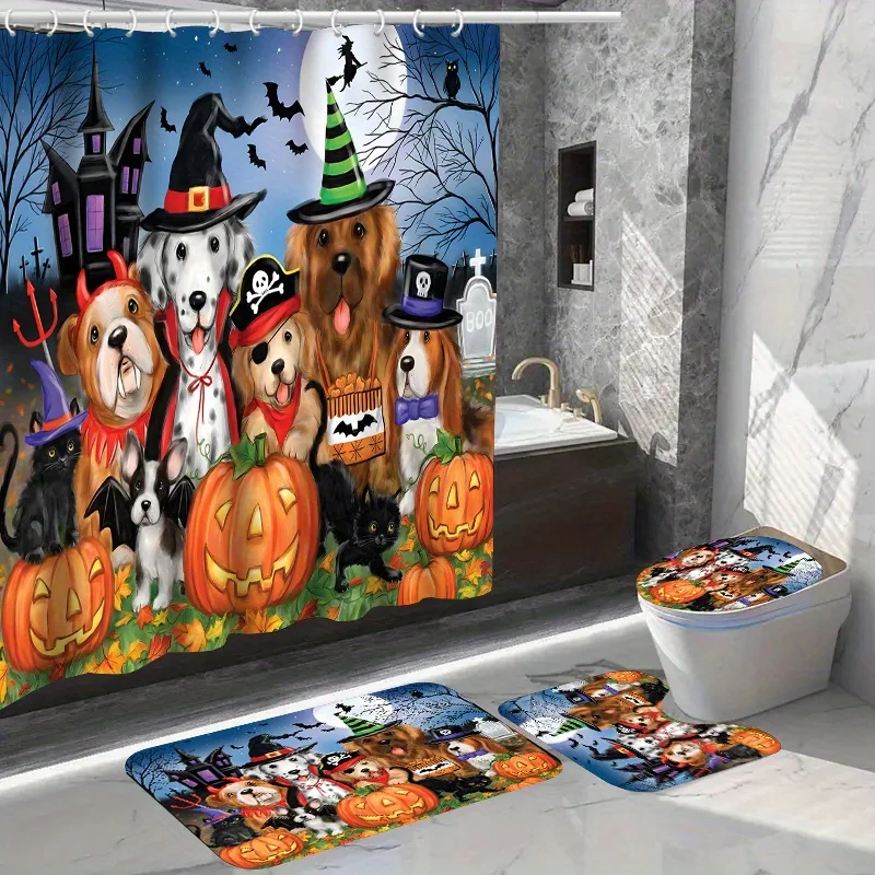 Halloween Shower Curtain Set with Hooks - Woven Polyester, Fashion-Themed Dry Clean Only Bathroom Decor, Water-Resistant Pumpkin